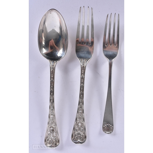 894 - A FINE VICTORIAN SILVER FORK AND SPOON together with a silver fork. 139 grams. Largest 14.5 cm long.... 