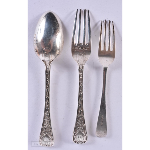 894 - A FINE VICTORIAN SILVER FORK AND SPOON together with a silver fork. 139 grams. Largest 14.5 cm long.... 