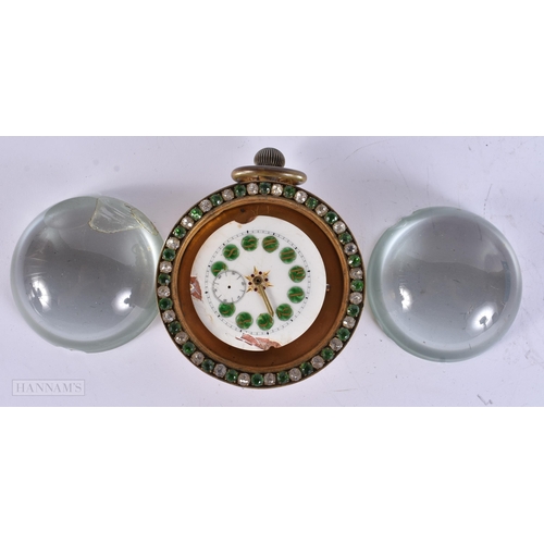903 - AN ANTIQUE GEM SETL GLASS BALL DESK CLOCK. 10 cm wide.