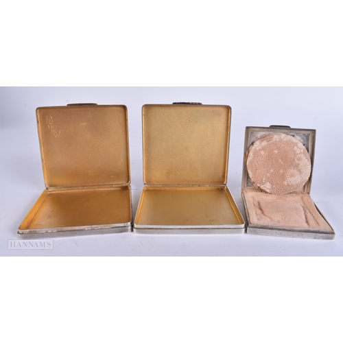 906 - THREE ART DECO SILVER COMPACTS. 399 grams. Largest 9 cm square. (3)