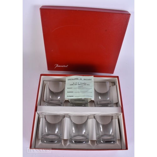 908 - A SET OF SIX BOXED BACCARAT CRYSTAL GLASS CUPS. 11 cm high. (6)