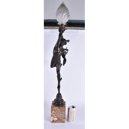 915 - A LARGE ANTIQUE SPELTER GRAND TOUR FIGURE OF MERCURY formed as a lamp. 73 cm high.