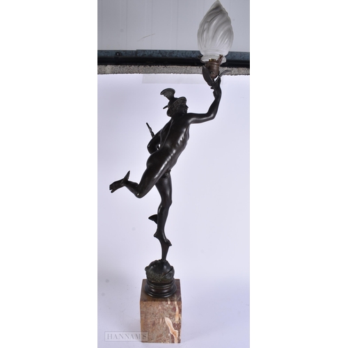 915 - A LARGE ANTIQUE SPELTER GRAND TOUR FIGURE OF MERCURY formed as a lamp. 73 cm high.