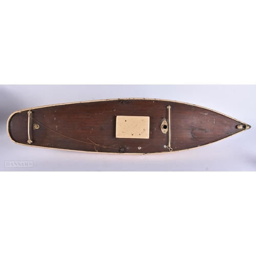 916 - A LARGE VINTAGE PAINTED WOOD SHIPS HULL. 78 cm x 30 cm.