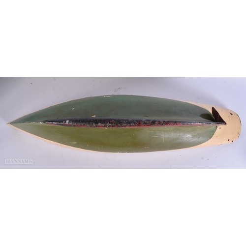 916 - A LARGE VINTAGE PAINTED WOOD SHIPS HULL. 78 cm x 30 cm.