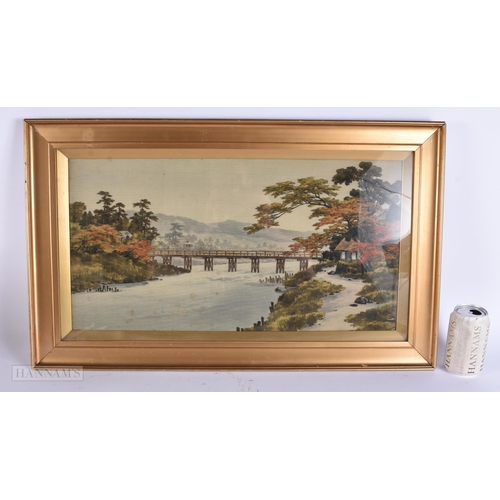 917 - A LARGE EARLY 20TH CENTURY JAPANESE MEIJI PERIOD PAINTED SILK LANDSCAPE PANEL. 70 cm x 42 cm.