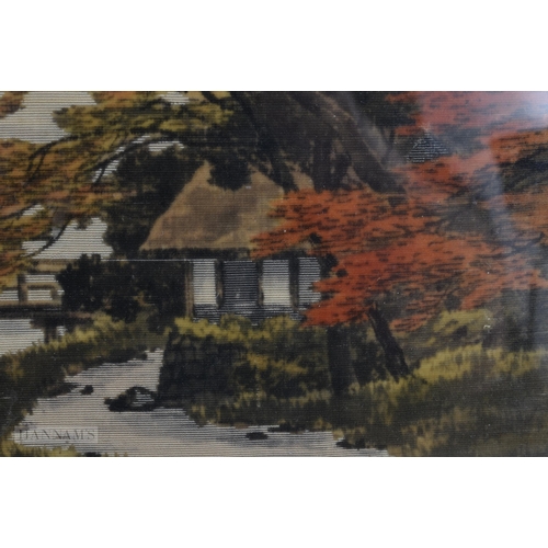 917 - A LARGE EARLY 20TH CENTURY JAPANESE MEIJI PERIOD PAINTED SILK LANDSCAPE PANEL. 70 cm x 42 cm.
