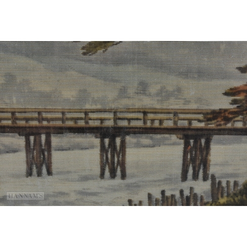 917 - A LARGE EARLY 20TH CENTURY JAPANESE MEIJI PERIOD PAINTED SILK LANDSCAPE PANEL. 70 cm x 42 cm.