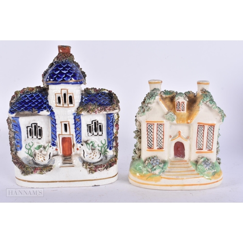 934 - TWO 19TH CENTURY STAFFORDSHIRE POTTERY GROUPS together with a Masons jug. 16 cm x 12 cm. (3)