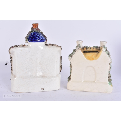 934 - TWO 19TH CENTURY STAFFORDSHIRE POTTERY GROUPS together with a Masons jug. 16 cm x 12 cm. (3)