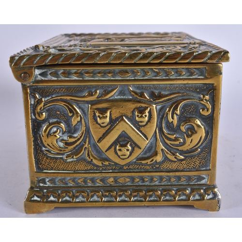 240 - AN ANTIQUE REPOUSSE BRONZE CASKET. 15cm x 10 cm.