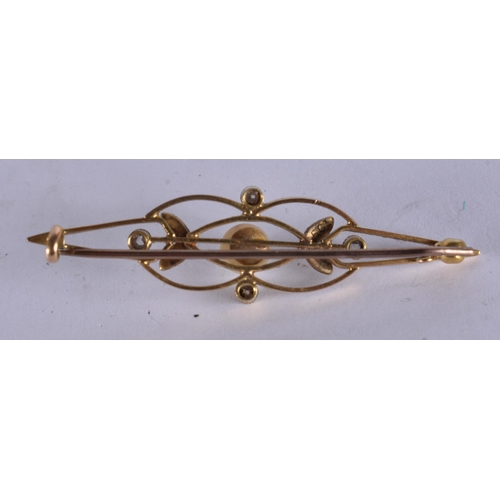 248 - A VICTORIAN 15CT GOLD PEARL AND DIAMOND BROOCH. 3.6 grams. 5 cm wide.