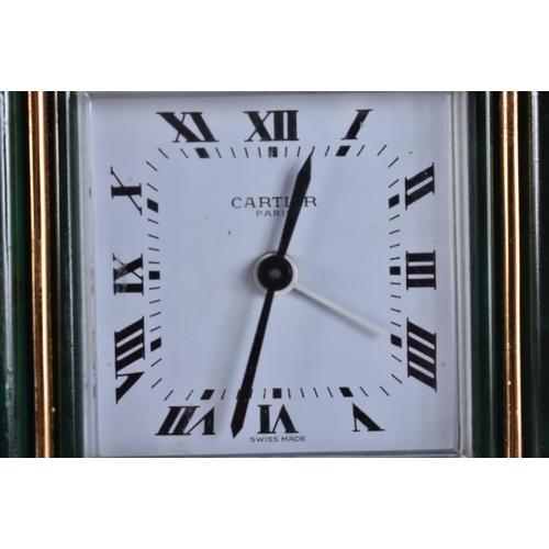 267 - A CARTIER IMITATION MALACHITE STRUT CLOCK. 8 cm square.