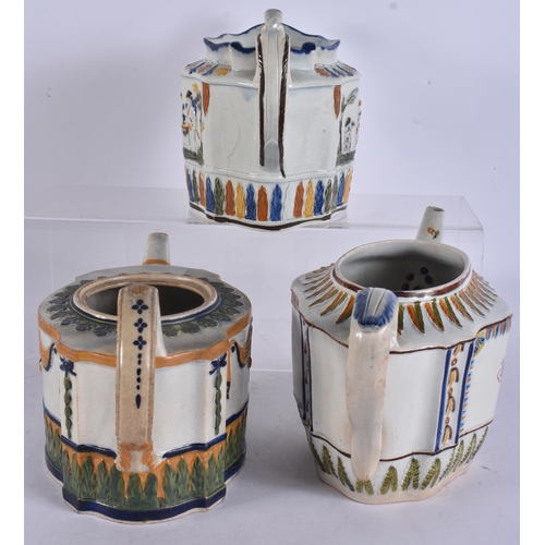 269 - THREE 18TH/19TH CENTURY PAINTED PEARLWARE TEAPOTS. Largest 20 cm wide. (3)