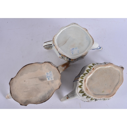 269 - THREE 18TH/19TH CENTURY PAINTED PEARLWARE TEAPOTS. Largest 20 cm wide. (3)