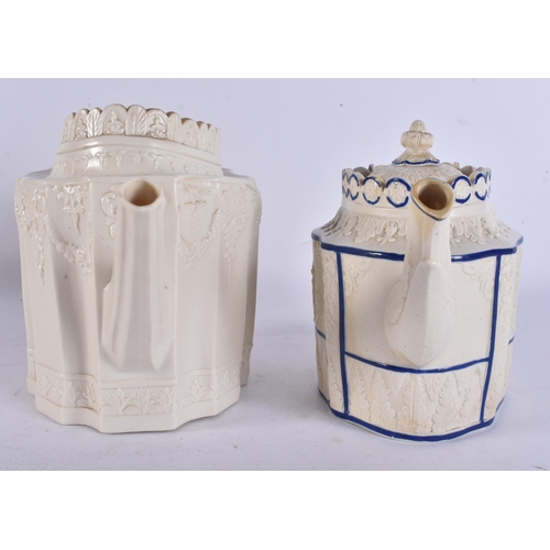 270 - TWO EARLY 19TH CENTURY ENGLISH SALT GLAZED TEAPOTS. Largest 27cm wide. (2)