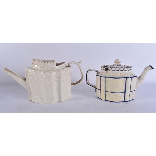 270 - TWO EARLY 19TH CENTURY ENGLISH SALT GLAZED TEAPOTS. Largest 27cm wide. (2)