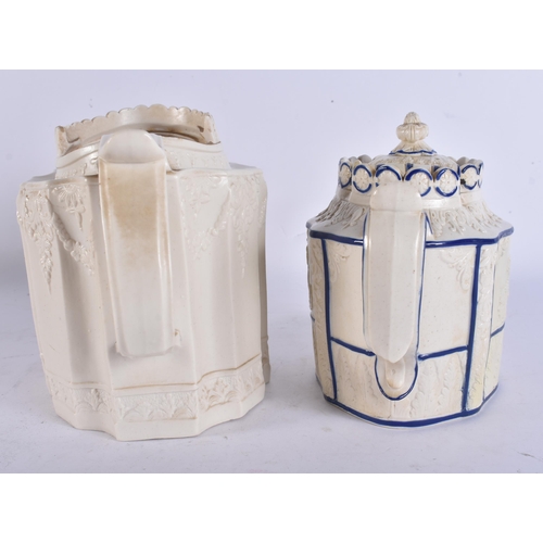 270 - TWO EARLY 19TH CENTURY ENGLISH SALT GLAZED TEAPOTS. Largest 27cm wide. (2)