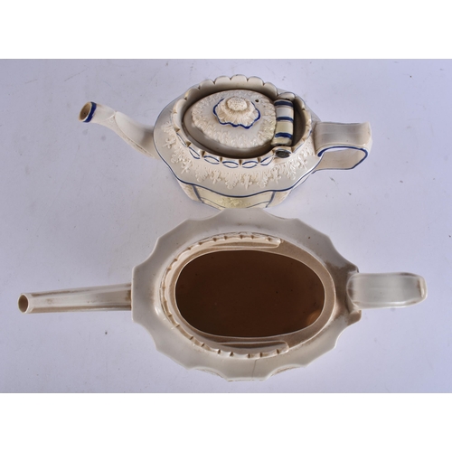 270 - TWO EARLY 19TH CENTURY ENGLISH SALT GLAZED TEAPOTS. Largest 27cm wide. (2)