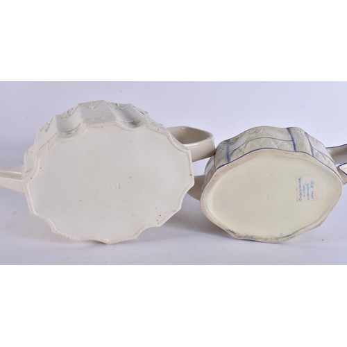 270 - TWO EARLY 19TH CENTURY ENGLISH SALT GLAZED TEAPOTS. Largest 27cm wide. (2)