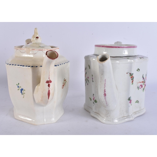 277 - TWO EARLY 19TH CENTURY ENGLISH POTTERY TEAPOTS AND COVERS. Largest 22 cm wide. (2)