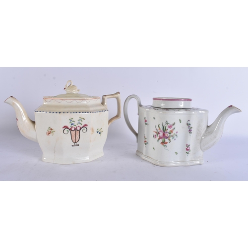 277 - TWO EARLY 19TH CENTURY ENGLISH POTTERY TEAPOTS AND COVERS. Largest 22 cm wide. (2)