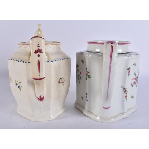 277 - TWO EARLY 19TH CENTURY ENGLISH POTTERY TEAPOTS AND COVERS. Largest 22 cm wide. (2)