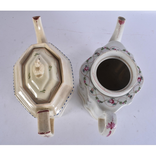277 - TWO EARLY 19TH CENTURY ENGLISH POTTERY TEAPOTS AND COVERS. Largest 22 cm wide. (2)