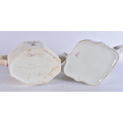 277 - TWO EARLY 19TH CENTURY ENGLISH POTTERY TEAPOTS AND COVERS. Largest 22 cm wide. (2)