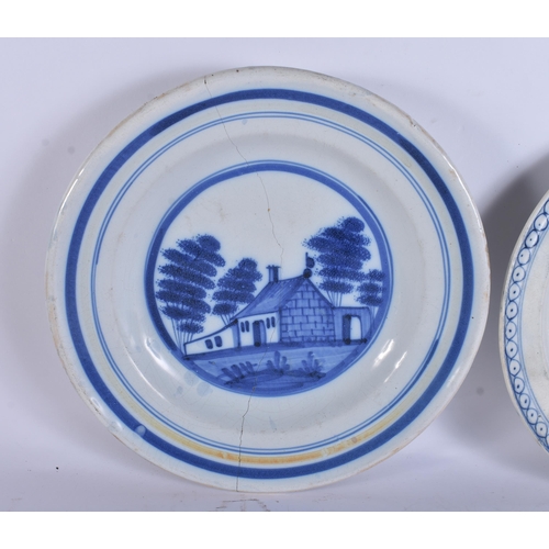 288 - A LARGE ANTIQUE DELFT FAIENCE TIN GLAZED POTTERY PLATE together with a large pearlware dish. 32 cm d... 