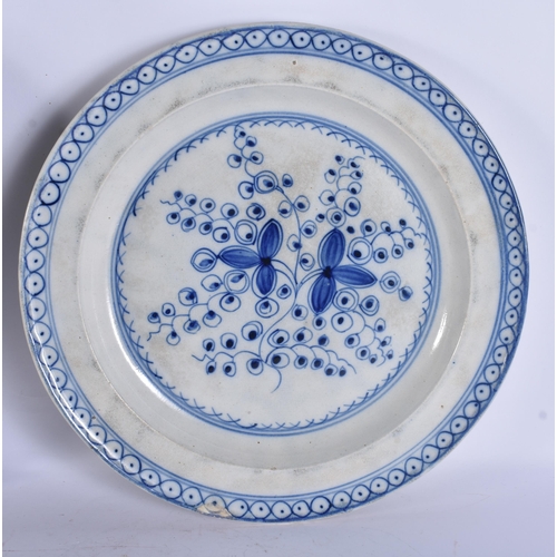 288 - A LARGE ANTIQUE DELFT FAIENCE TIN GLAZED POTTERY PLATE together with a large pearlware dish. 32 cm d... 