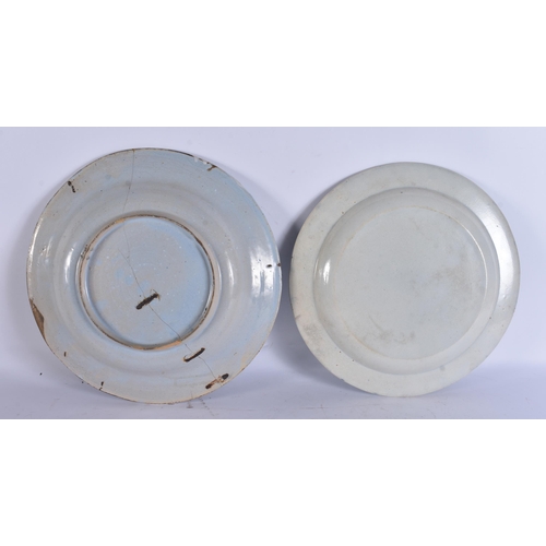 288 - A LARGE ANTIQUE DELFT FAIENCE TIN GLAZED POTTERY PLATE together with a large pearlware dish. 32 cm d... 