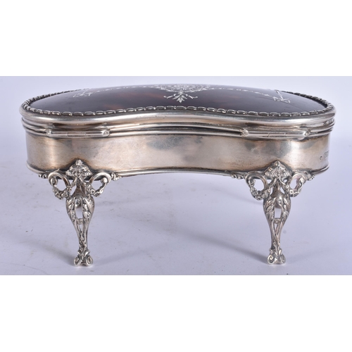 292 - A LARGE ANTIQUE SILVER AND TORTOISESHELL JEWELLERY BOX. 308 grams. 18 cm x 8 cm.