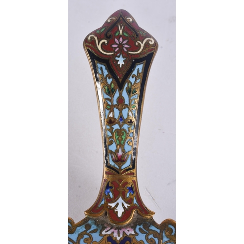 297 - AN UNUSUAL PAIR OF ANTIQUE PIETRA DURA CHAMPLEVE ENAMEL CHAMBERSTICKS. 21 cm wide.