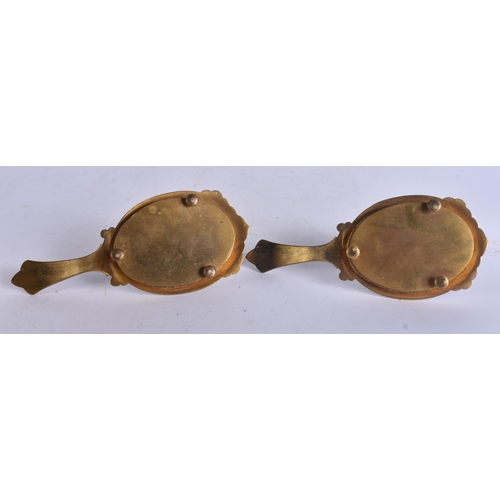 297 - AN UNUSUAL PAIR OF ANTIQUE PIETRA DURA CHAMPLEVE ENAMEL CHAMBERSTICKS. 21 cm wide.