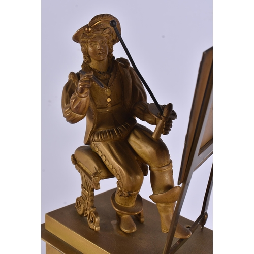 12 - A RARE MID 19TH CENTURY FRENCH ORMOLU MANTEL CLOCK formed with a seated male painting an oil landsca... 