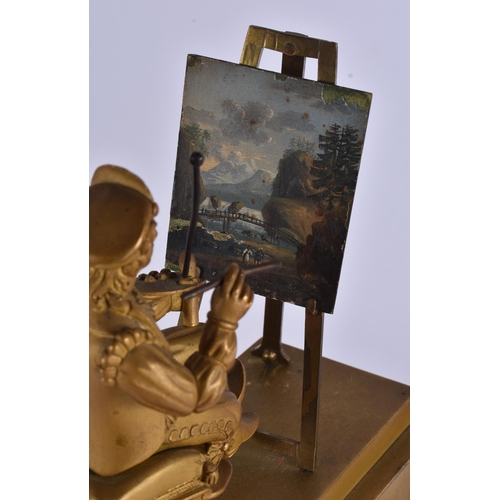12 - A RARE MID 19TH CENTURY FRENCH ORMOLU MANTEL CLOCK formed with a seated male painting an oil landsca... 