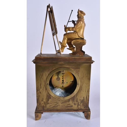 12 - A RARE MID 19TH CENTURY FRENCH ORMOLU MANTEL CLOCK formed with a seated male painting an oil landsca... 