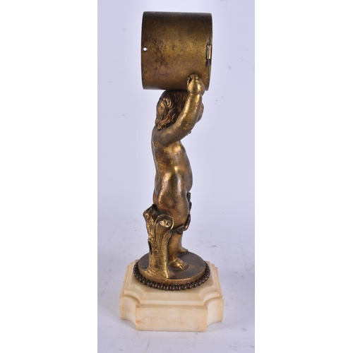 13 - A REGENCY BRONZE GRAND TOUR BRONZE FIGURAL DRUM CLOCK CASE formed as a putti upon a marble plinth. 2... 