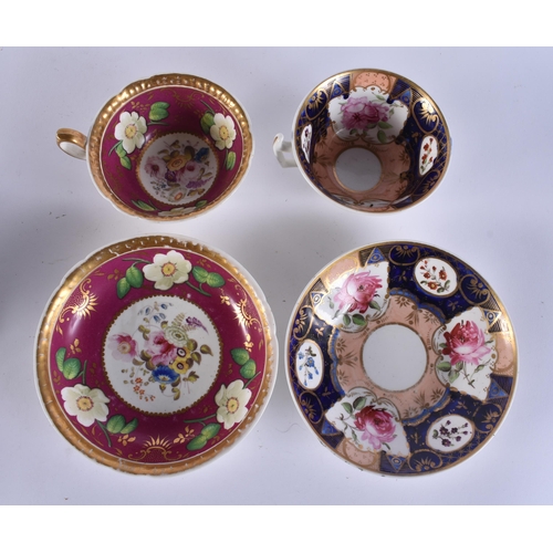 141 - FOUR EARLY 19TH CENTURY CHAMBERLAINS WORCESTER FLORAL CUPS AND SAUCERS. (8)