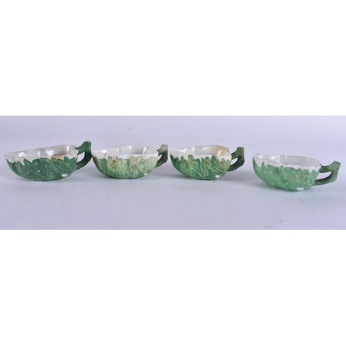 16 - A SET OF FOUR 18TH CENTURY ITALIAN PORCELAIN LEAF SHAPED DISHES painted with flowers. 9 cm wide. (4)