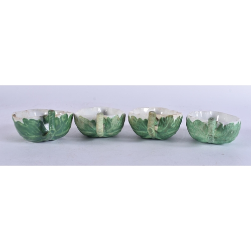 16 - A SET OF FOUR 18TH CENTURY ITALIAN PORCELAIN LEAF SHAPED DISHES painted with flowers. 9 cm wide. (4)