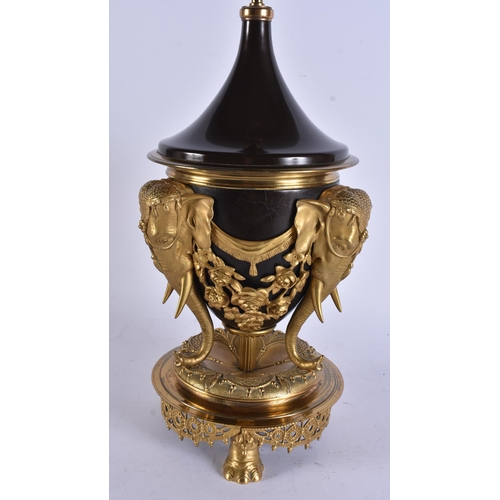 2 - A FINE 19TH CENTURY EUROPEAN BRONZE AND GILT BRONZE COUNTRY HOUSE LAMP formed with three elephants, ... 