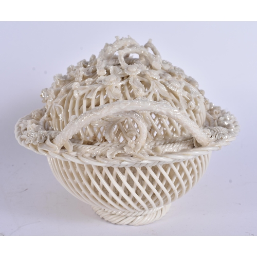 21 - A FINE IRISH BELLEEK PORCELAIN TWIN HANDLED BASKET AND COVER. 21 cm x 13 cm.