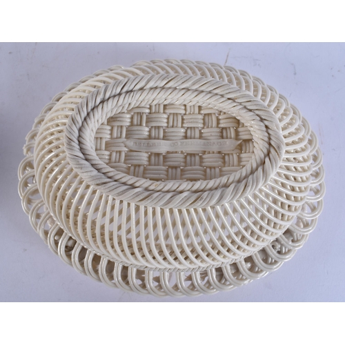 21 - A FINE IRISH BELLEEK PORCELAIN TWIN HANDLED BASKET AND COVER. 21 cm x 13 cm.