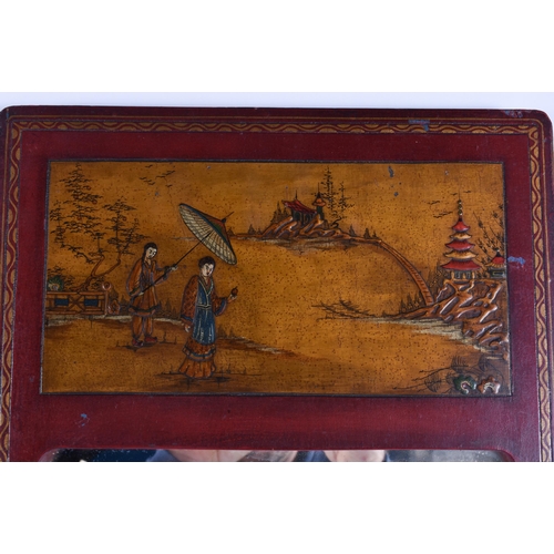 46 - AN EDWARDIAN CHINOISERIE LACQUERED WOOD MIRROR. 62 cm x 30 cm.