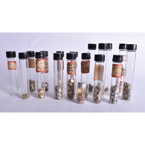 18 Glass Vials of Watch Buttons. (qty)