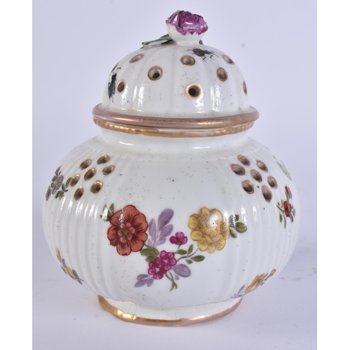117 - AN 18TH CENTURY GERMAN PORCELAIN POT POURRI AND COVER painted with flowers. 14 cm x 9 cm.