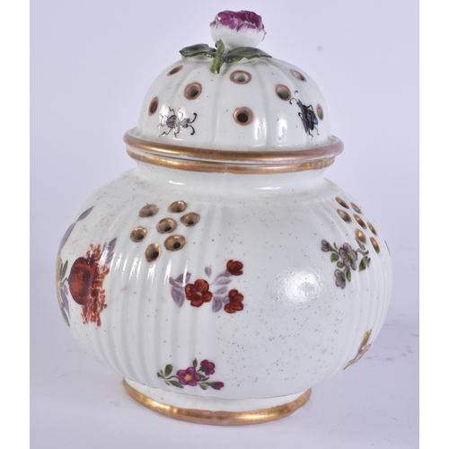 117 - AN 18TH CENTURY GERMAN PORCELAIN POT POURRI AND COVER painted with flowers. 14 cm x 9 cm.