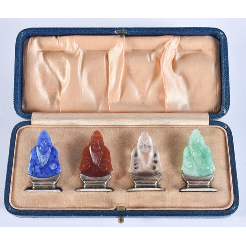 120D - A LOVELY SET OF 19TH CENTURY CHINESE JADE, AGATE AND HARDSTONE SILVER MENU HOLDERS. 4 cm high.
